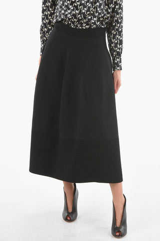 Ribbed Tech Viscose Flared Midi Skirt with High-waist