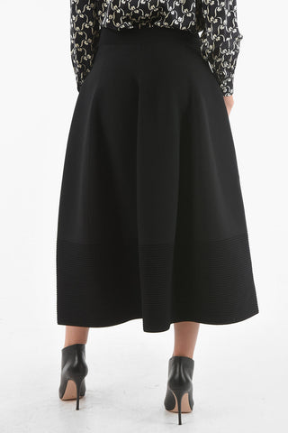 Ribbed Tech Viscose Flared Midi Skirt with High-waist