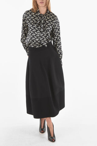 Ribbed Tech Viscose Flared Midi Skirt with High-waist