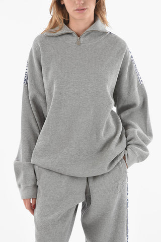 Ribbed Velour Half-zip Sweatshirt with Contrasting Logoed Bands