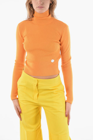 Maglia Collo Perkins in Lana Merino a Costine con Logo Patch