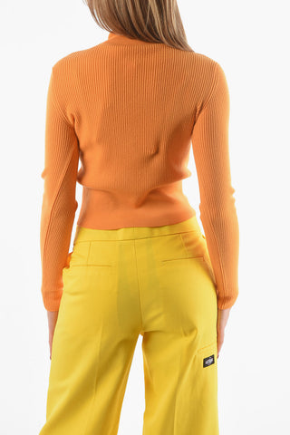 Maglia Collo Perkins in Lana Merino a Costine con Logo Patch