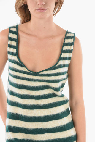 Vestito Smanicato in Lana d'Alpaca a Righe Awning con Scollo a Cuore