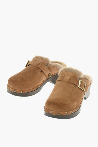 4,5cm Suede and Sherling Clogs with Wooden Heel