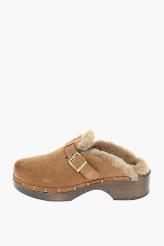 4,5cm Suede and Sherling Clogs with Wooden Heel