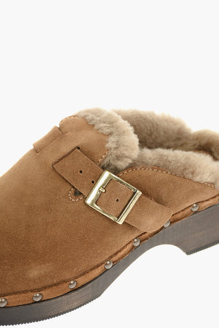 4,5cm Suede and Sherling Clogs with Wooden Heel