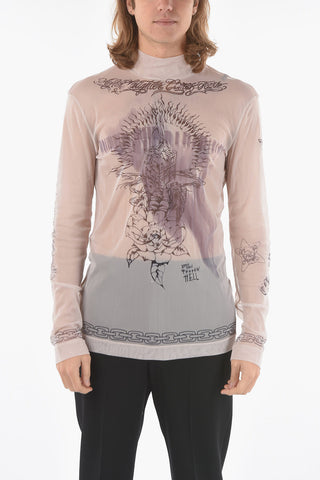 Tattoo Print Long Sleeved Sheer T-shirt
