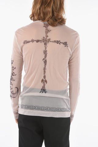 Tattoo Print Long Sleeved Sheer T-shirt