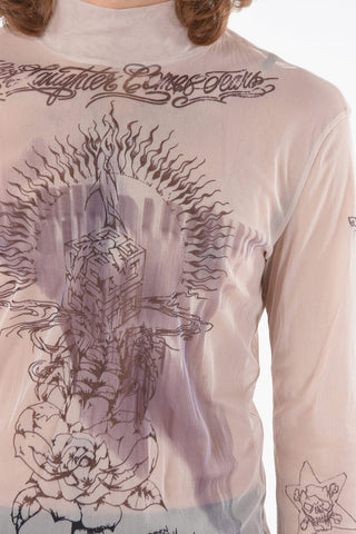 Tattoo Print Long Sleeved Sheer T-shirt