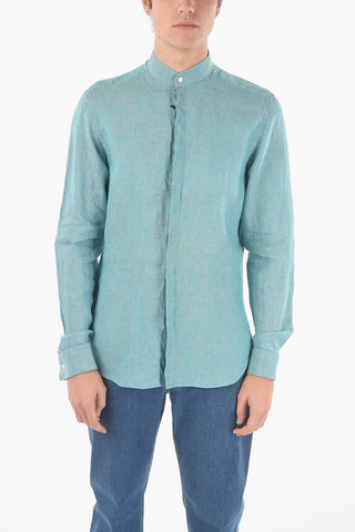 CC COLLECTION Camicia in Lino con Colletto Coreano e Polsini Doppi alla Francese