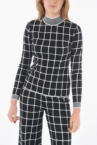 Windowpane-chekered Perkins-neck Sweater with Ribbed Hems