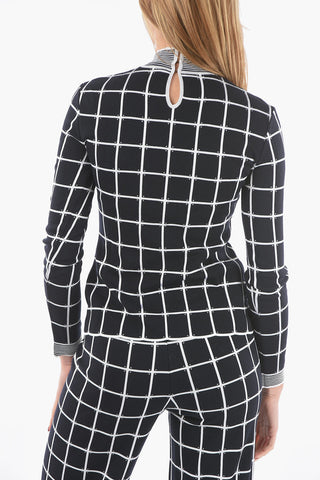 Windowpane-chekered Perkins-neck Sweater with Ribbed Hems