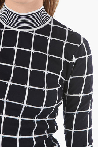 Windowpane-chekered Perkins-neck Sweater with Ribbed Hems