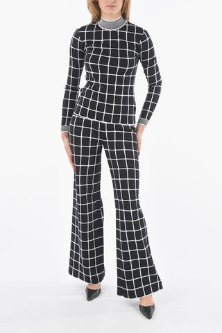 Windowpane-chekered Perkins-neck Sweater with Ribbed Hems