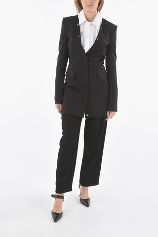 Abito Blazer Scollo a V in Misto Lana con Borchie decorative