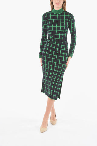 Vestito Lungo in Maglia a Quadri Windowpane con Spacco Laterale