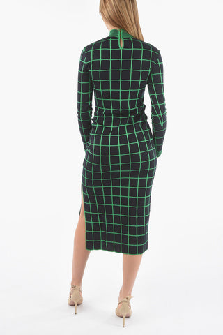 Vestito Lungo in Maglia a Quadri Windowpane con Spacco Laterale