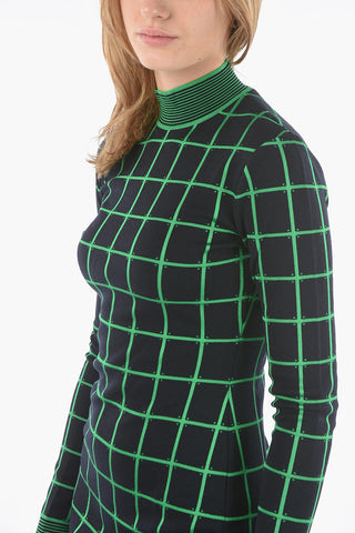 Vestito Lungo in Maglia a Quadri Windowpane con Spacco Laterale