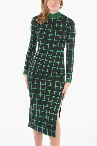 Vestito Lungo in Maglia a Quadri Windowpane con Spacco Laterale
