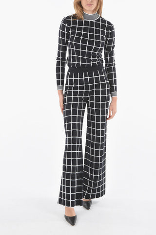 Pantaloni Flare in Jersey a Quadri Windowpane con Orlo Smerlato