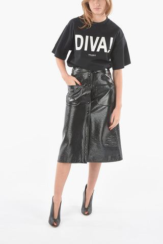 Vinyle Faux-Leather Midi Skirt with Front Button-fastening