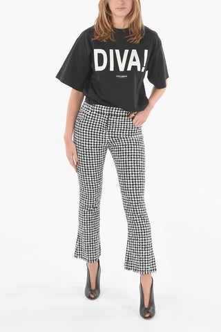 Flared Pants in Houdstooth Pattern with Fringed Hems