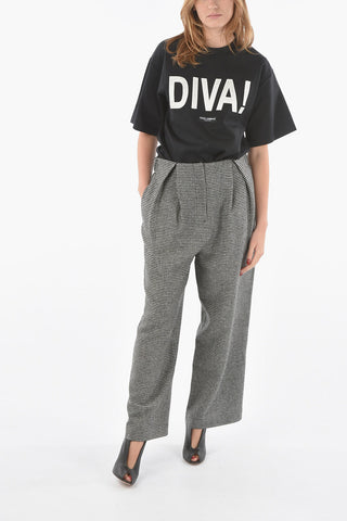 Pantaloni in Lana Pied de Poule con Zip Frontale