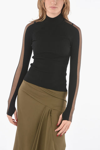 Ribbed Jersey Turtle-neck Sweater with See-through Detailing on Sleeves