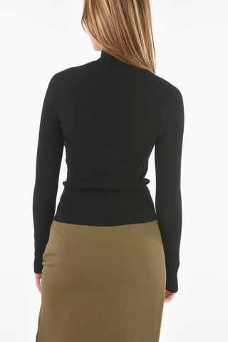 Ribbed Jersey Turtle-neck Sweater with See-through Detailing on Sleeves