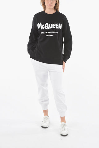 Brushed Cotton Crewneck Sweatshirt with Lettering Logo Print