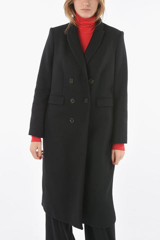 Wool Twill Double-breasted Coat with Peak Lapel