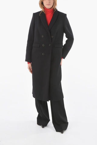 Wool Twill Double-breasted Coat with Peak Lapel