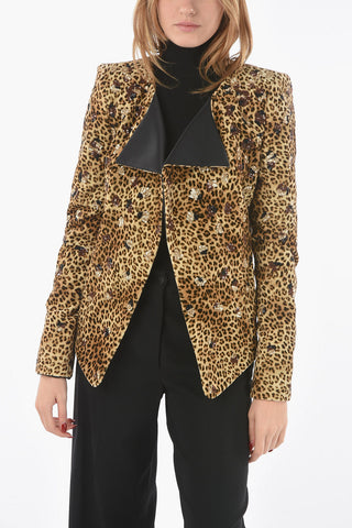 Leopard Velour Blazer with Destructured Lapel embellished with Sequined Detailing
