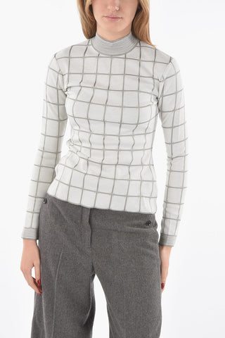 Windowpane-chekered Perkins-neck Sweater with Ribbed Hems