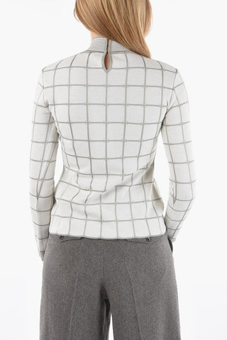 Windowpane-chekered Perkins-neck Sweater with Ribbed Hems
