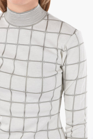 Windowpane-chekered Perkins-neck Sweater with Ribbed Hems