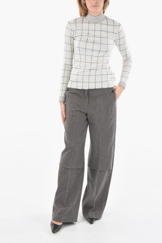 Windowpane-chekered Perkins-neck Sweater with Ribbed Hems