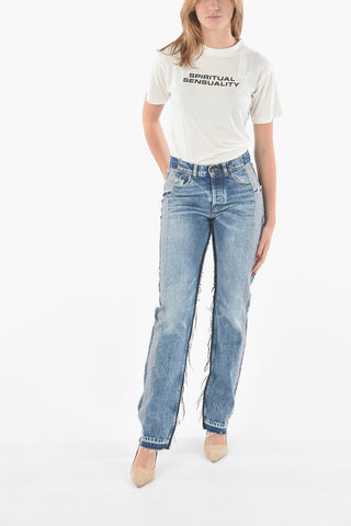 Straight-leg Jeans in Patchwork with Fringed Hems