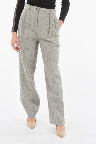 Wool Linen-blend High-waisted Wide-leg Pants with Double-pleat