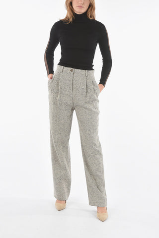 Wool Linen-blend High-waisted Wide-leg Pants with Double-pleat