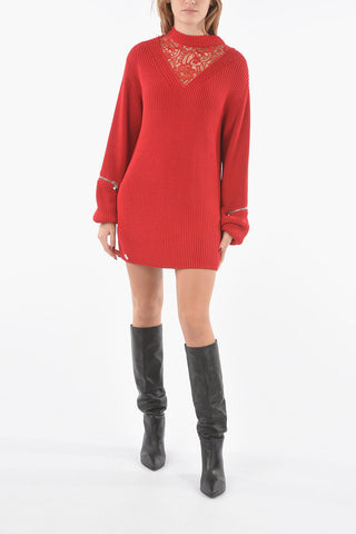 COUTURE EST.1978 Braided Knitted Mini Dress With Macrame' Laces Detail and Embellished Rhineston