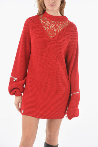 COUTURE EST.1978 Braided Knitted Mini Dress With Macrame' Laces Detail and Embellished Rhineston