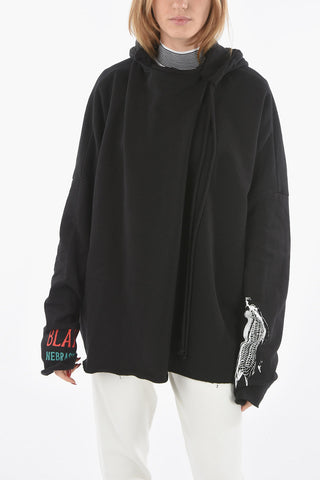 Fleeced Cotton Oversized Printed Hoodie with Asymmetrical Cords