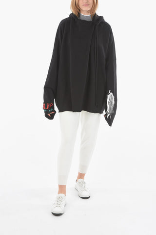 Fleeced Cotton Oversized Printed Hoodie with Asymmetrical Cords