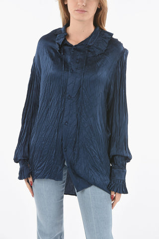 Crinkled-silk Shirt with Ruched Asymmetrical Neck