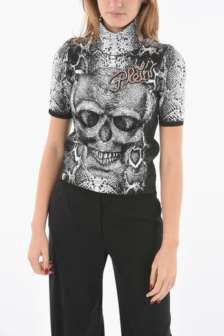 COUTURE EST.1978 Animal and Maxi Skull Printed Short Sleeve Turtleneck Sweater