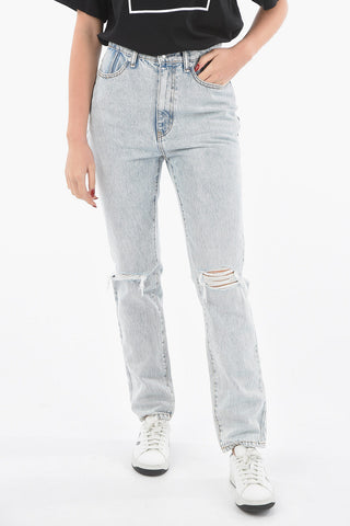 Light-wash High-waisted Jeans with Distressed Detailing at Knee