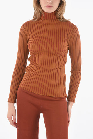 Bi-colour Ribbed Stretchy Jersey Sweater with Turtleneck