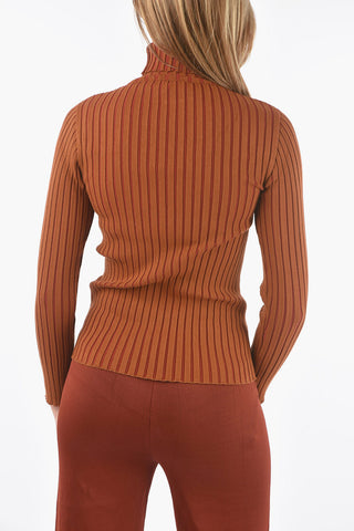 Bi-colour Ribbed Stretchy Jersey Sweater with Turtleneck