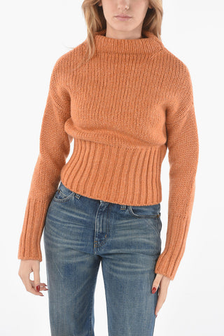 Braided-knit Camel Wool Sweater with Perkins Neck and Ribbed Hems